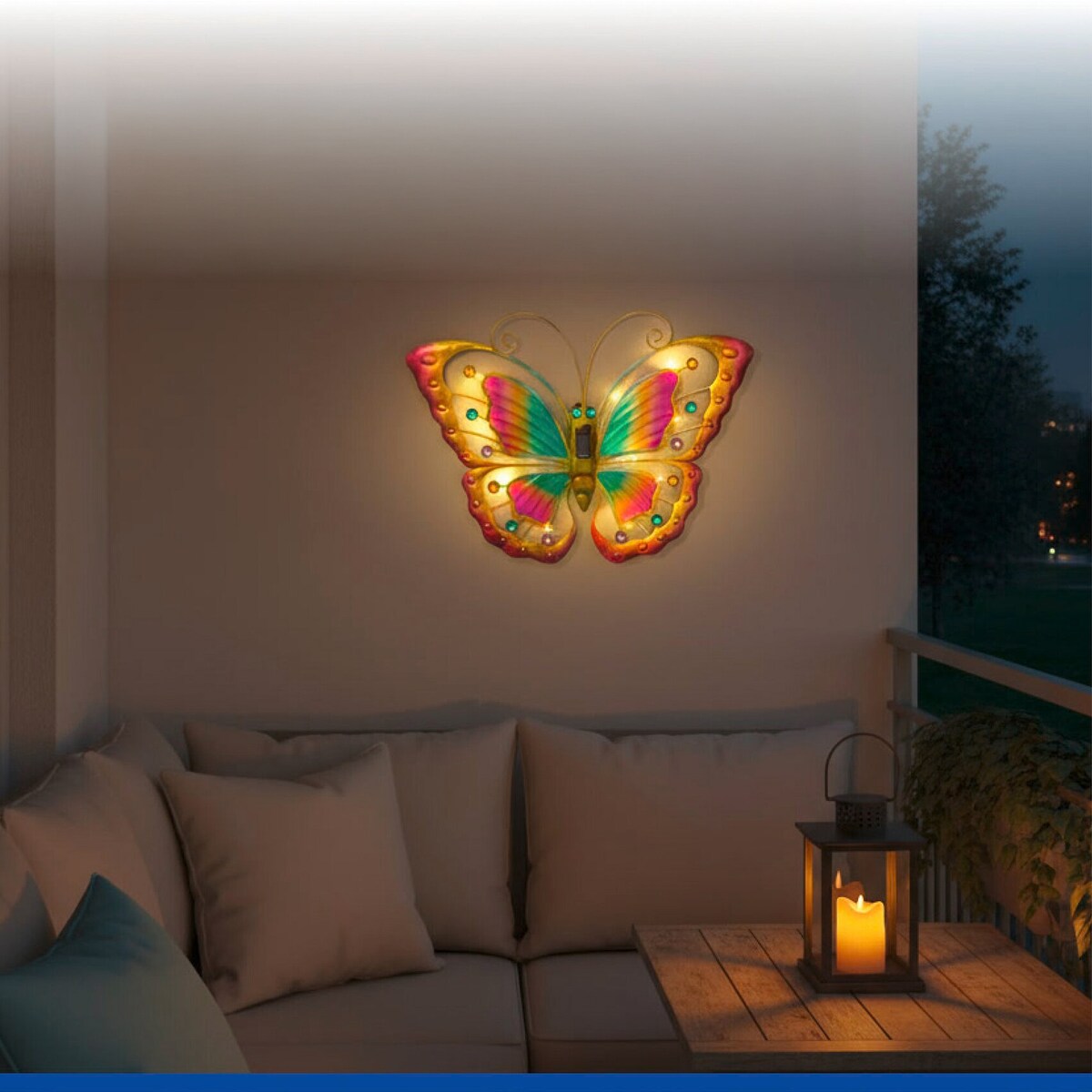 Ozdoba ogrodowa na ścianę, motyl solarny LED, 54 x 40 cm