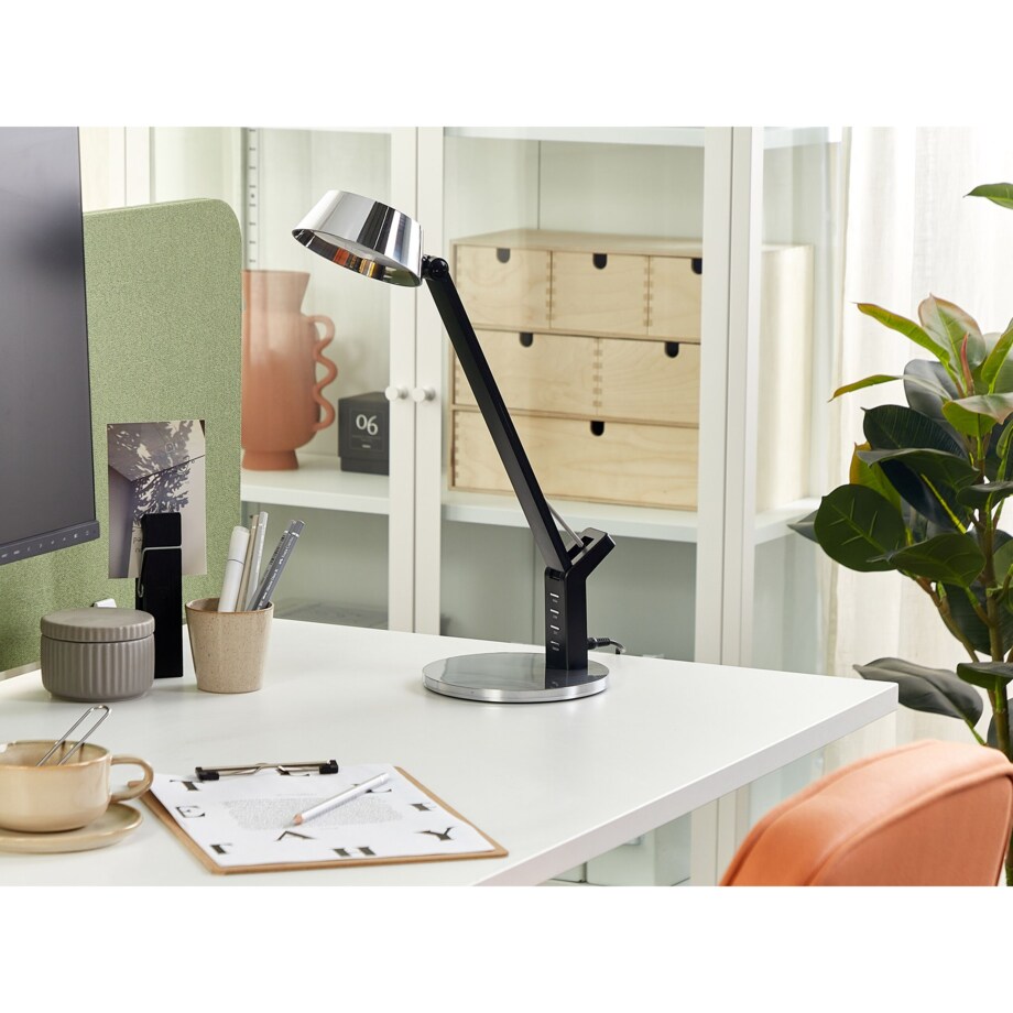 Lampa biurkowa LED z portem USB metalowa srebrna CHAMAELEON