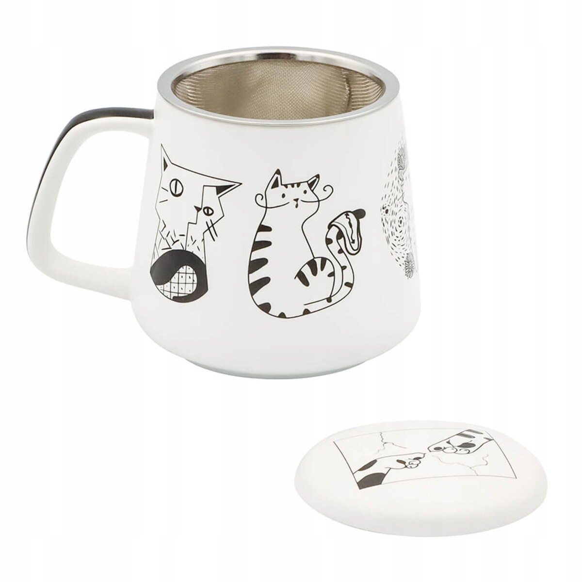 Kubek z uchwytem nierdzewnym zaparzaczem i pokrywką CAT ARTIST z motywem kota 400ml do naparów - prezent dla koleżanki przyjaciółki żony babci mamy