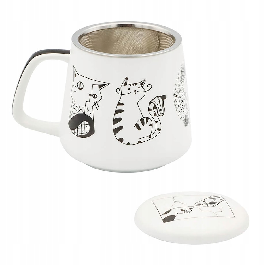 Kubek z uchwytem nierdzewnym zaparzaczem i pokrywką CAT ARTIST z motywem kota 400ml do naparów - prezent dla koleżanki przyjaciółki żony babci mamy
