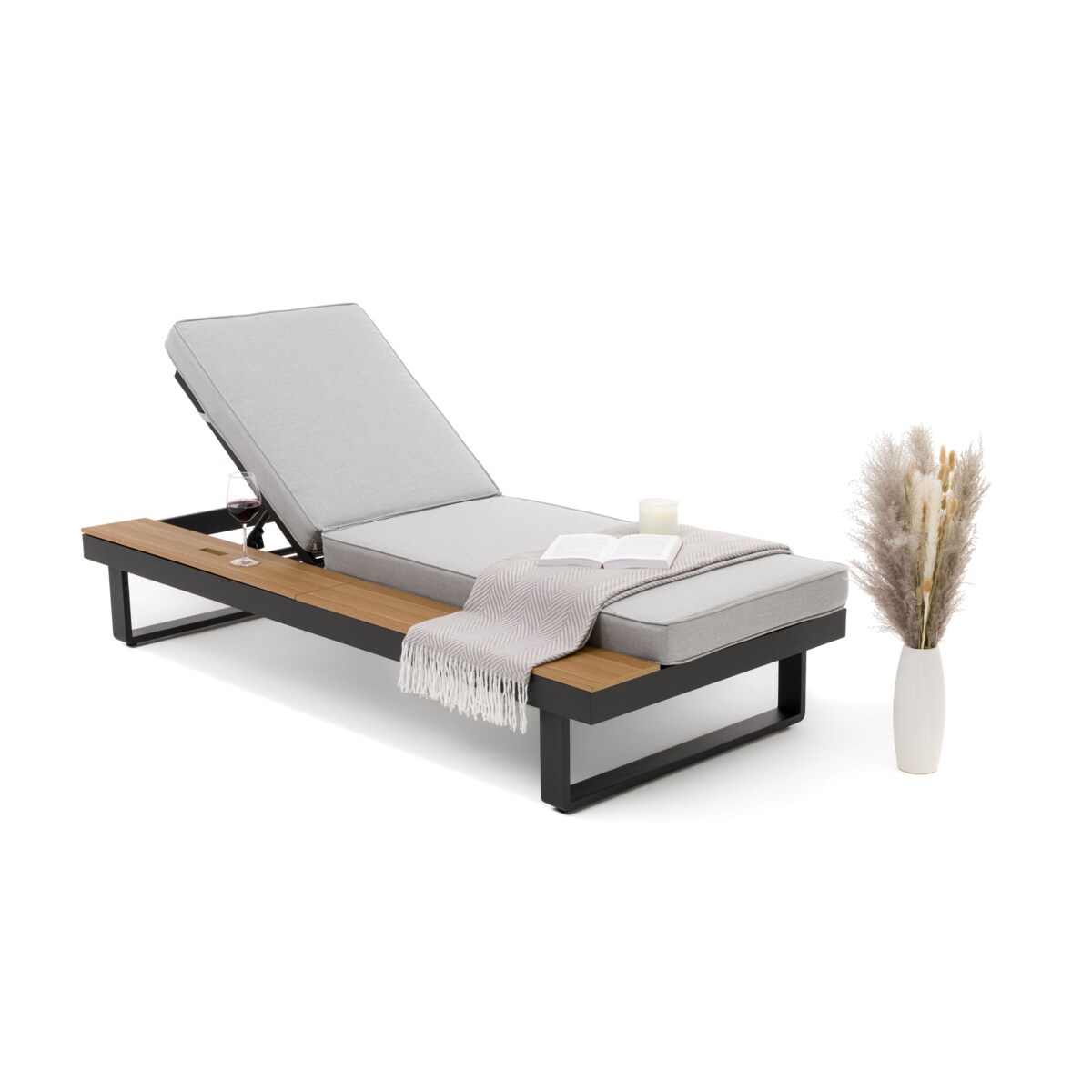 Leżak ogrodowy tarasowy z podnoszonym stolikiem aluminiowy ATOL szary