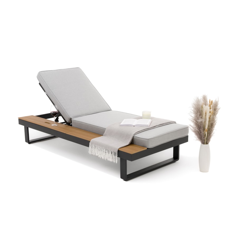 Leżak ogrodowy tarasowy z podnoszonym stolikiem aluminiowy ATOL szary