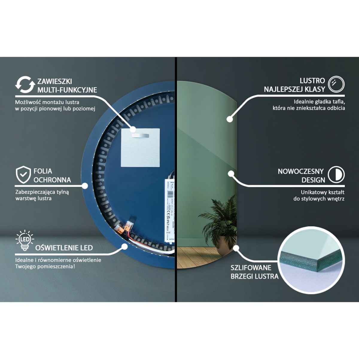 Lustro LED ścięte koło 74x90 cm - światło ciepłe