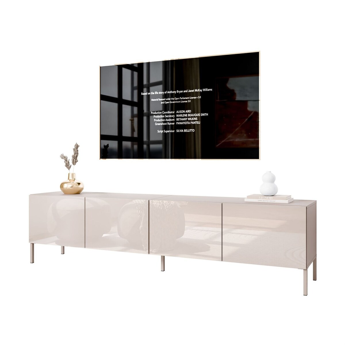 Szafka RTV COLGANTE 200 kaszmir wysoki połysk, oświetlenie LED, nóżki proste kaszmir