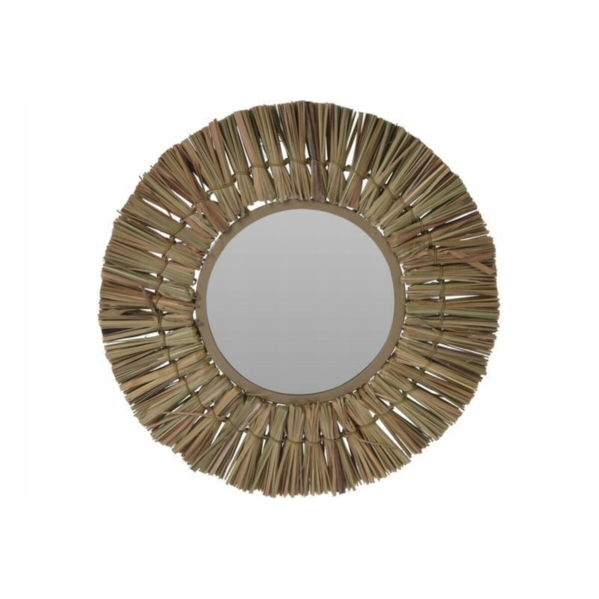 Okrągłe lustro ścienne o średnicy 40 cm, z ramą wykonaną z naturalnej rafii. Idealne do wnętrz w stylu boho
