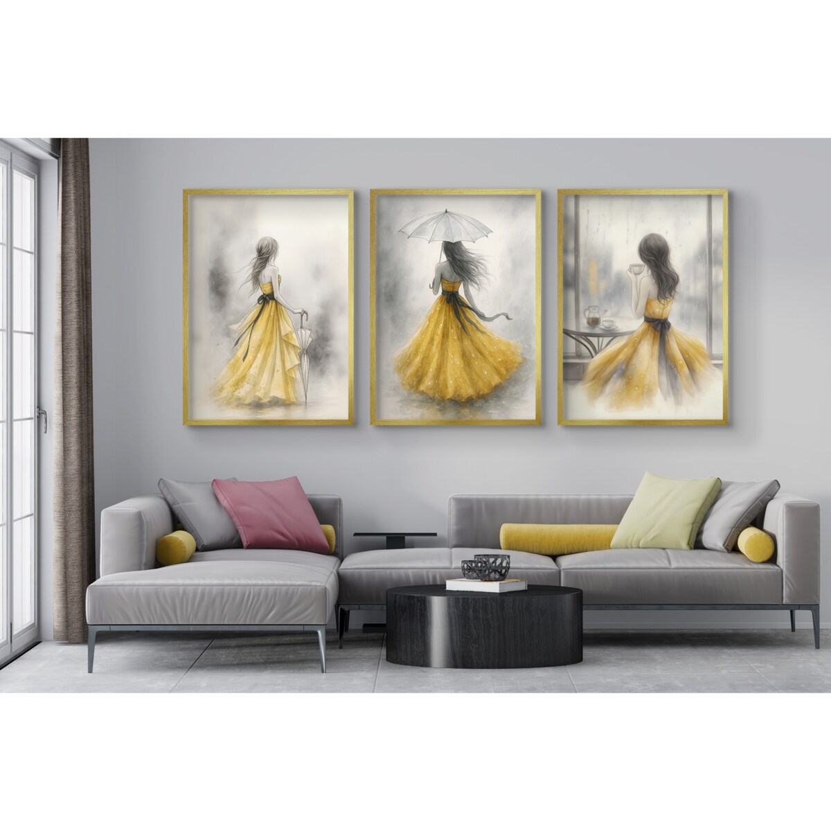 Plakaty na ścianę Złote ramki Akwarela Tryptyk Kobieta Obrazy do salonu