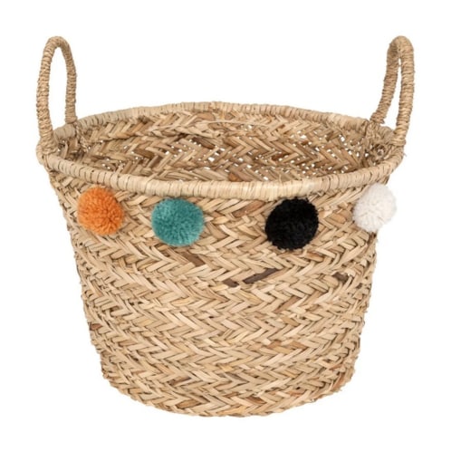Kosz pleciony z trzciny z pomponikami 40 cm