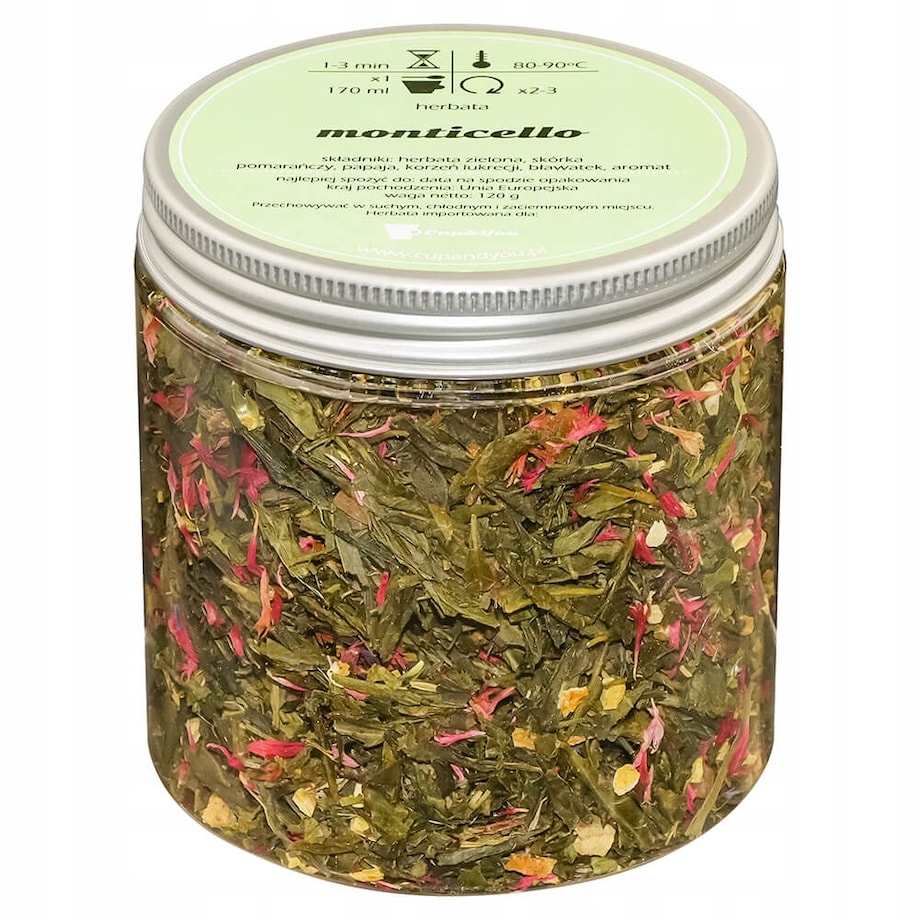 Herbata zielona sypana MONTICELLO o smaku różowego wina PREMIUM Cup&You - herbata liściasta sypana mieszanka napar susz - gotowa na prezent upominek