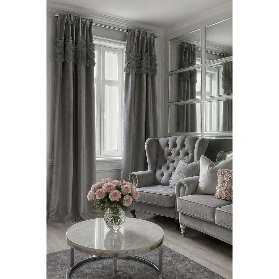 Zasłona welurowa "royal roses" z wyszywanymi różami 140x250 cm przelotka | stalowy