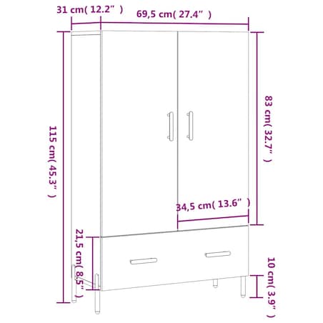 vidaXL Wysoka szafka, biała, 69,5x31x115 cm, materiał drewnopochodny