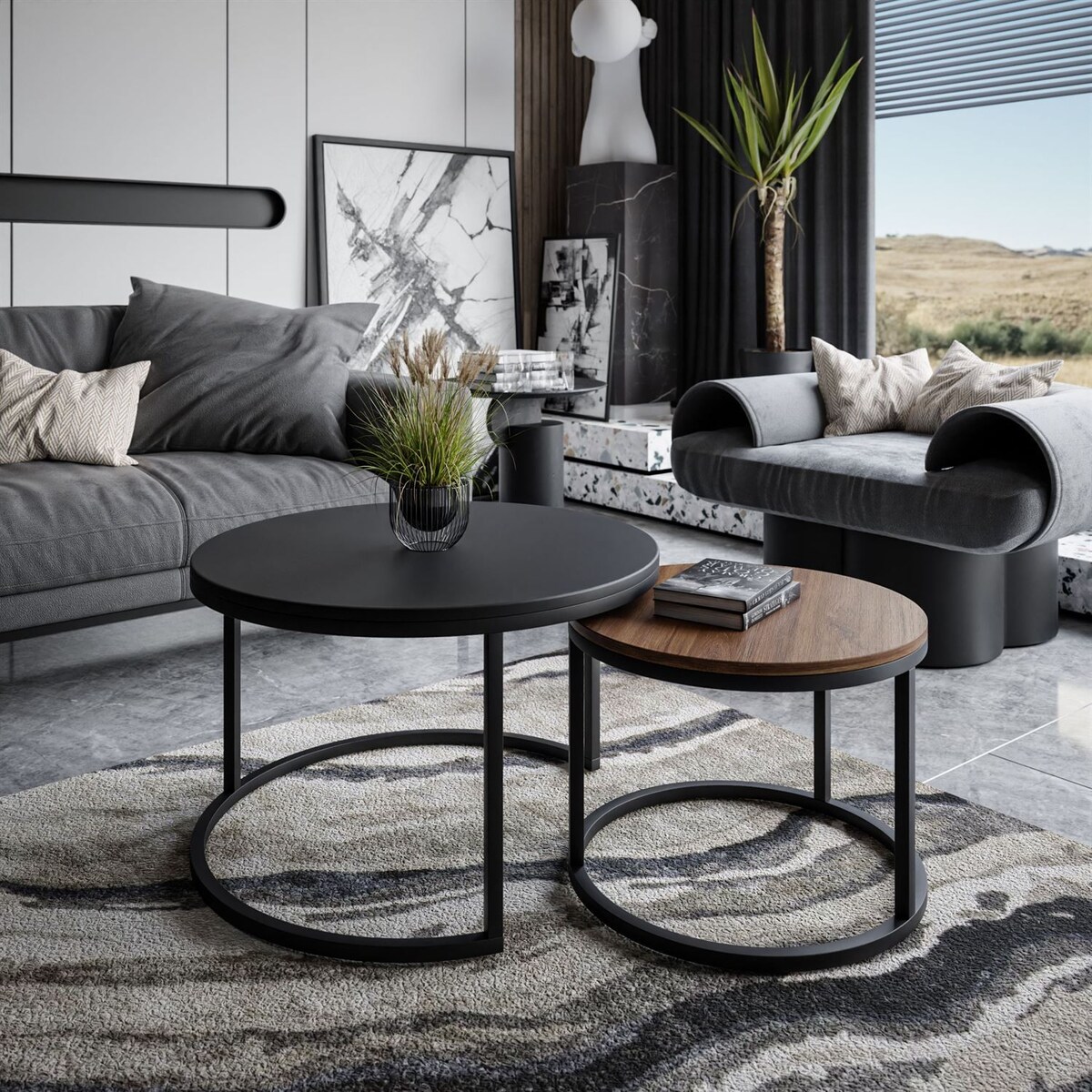 Okrągły stolik kawowy 2w1 CIRI SLIM MIX czarny dąb stirling