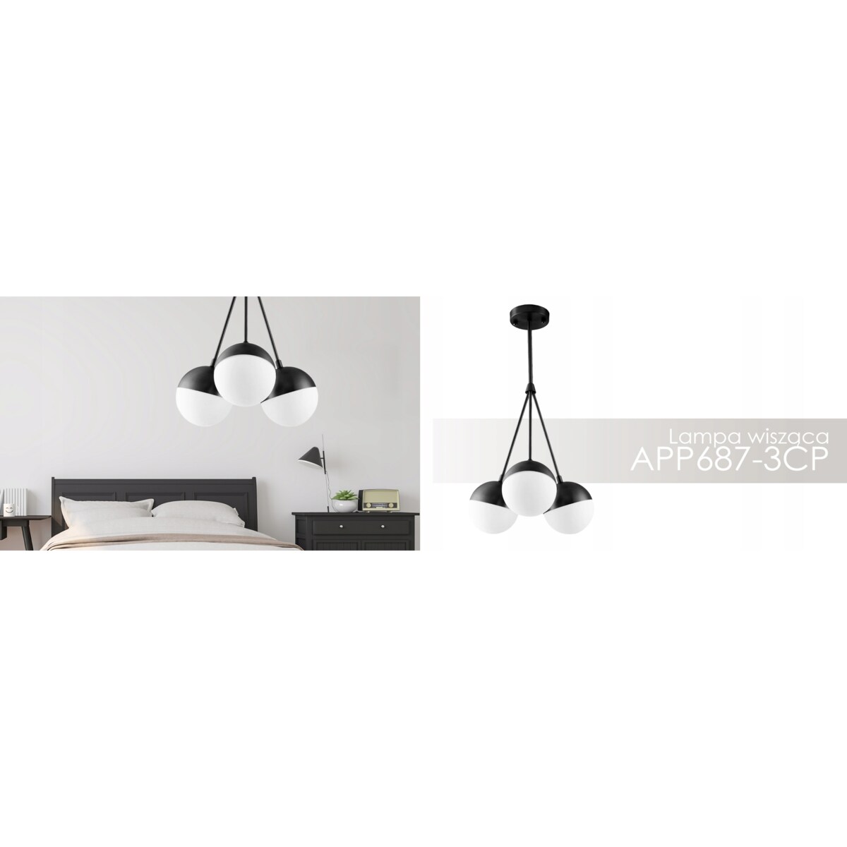 Lampa Wisząca Kule Szklana Mleczna Czarna Biała