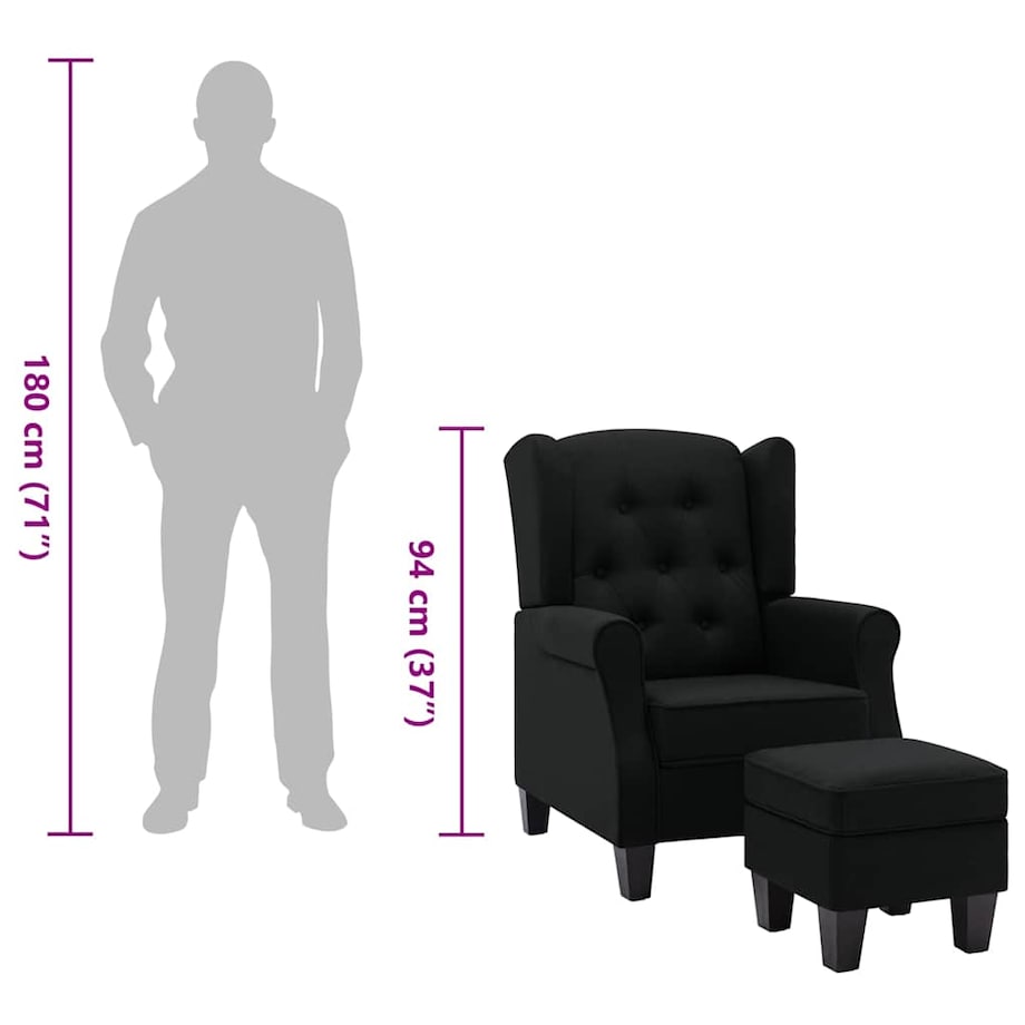 vidaXL Fotel z podnóżkiem, czarny, tapicerowany tkaniną