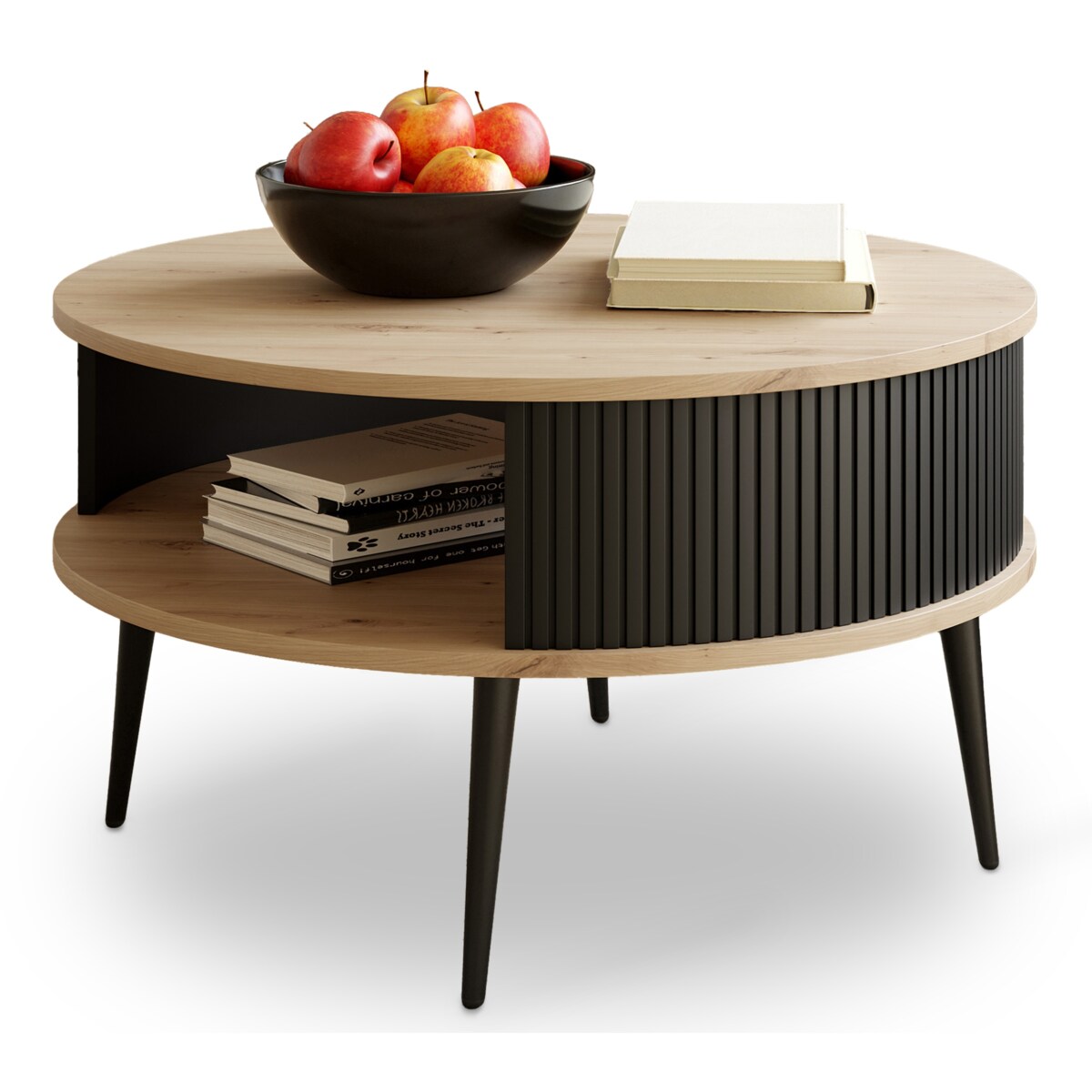 Stolik DO SALONU Okrągły Lamelowy DĄB ARTISAN Czarne Nogi NOWOCZESNY 76 cm