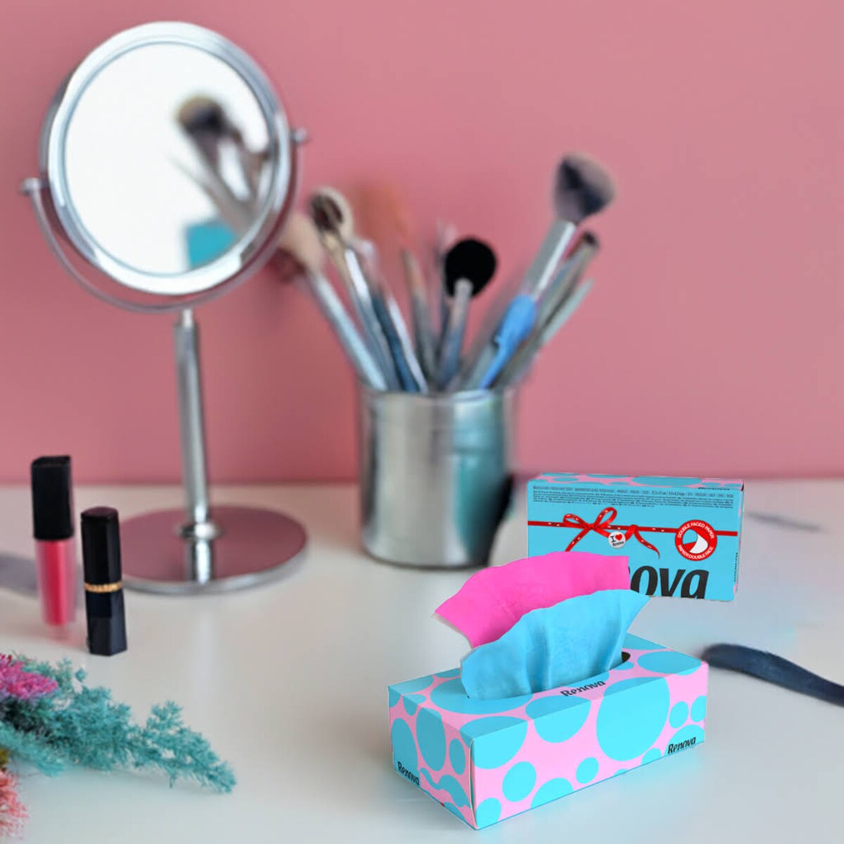 Wyciągane chusteczki higieniczne Renova niebiesko-różowe 80szt