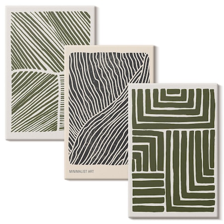 Zestaw 3 dużych obrazów na płótnie - Wzory linii kształty zieleń boho - zielony