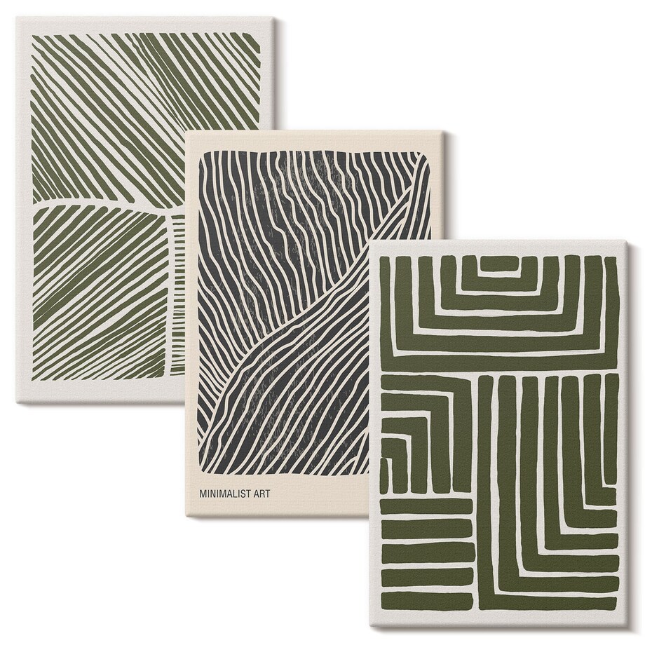 Zestaw 3 dużych obrazów na płótnie - Wzory linii kształty zieleń boho - zielony