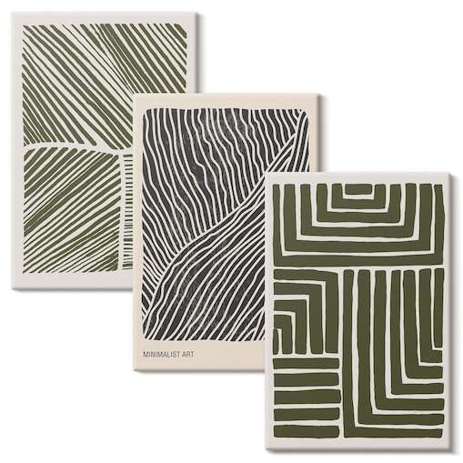 Zestaw 3 dużych obrazów na płótnie - Wzory linii kształty zieleń boho - zielony