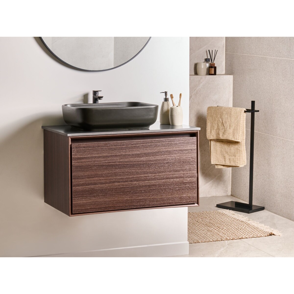 Szafka łazienkowa wisząca z umywalką ARICA 80 cm Ciemnobrązowy