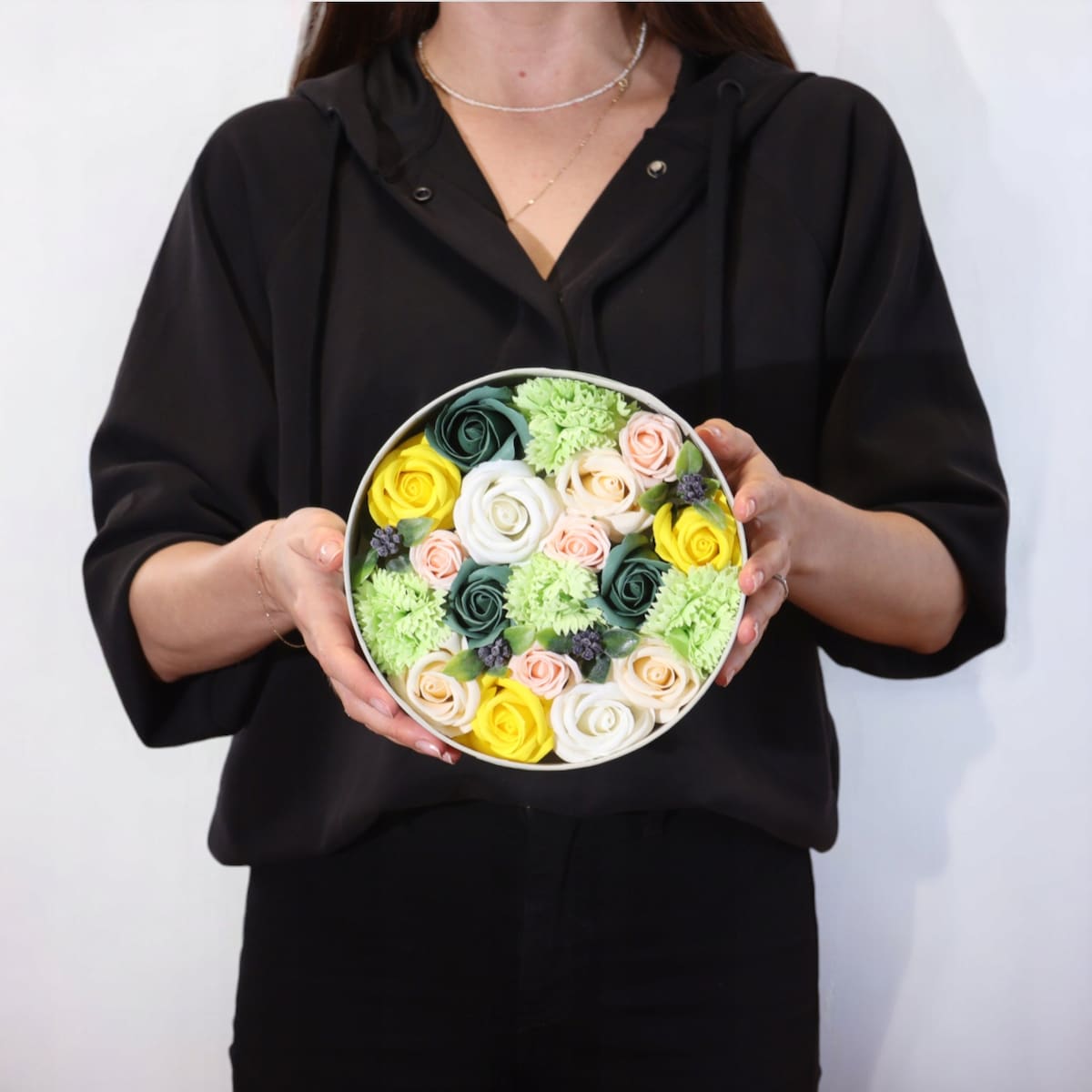 Gotowy Mydlany Bukiet Kwiatowy BOX pudełko żółty zielony PREZENT upominek