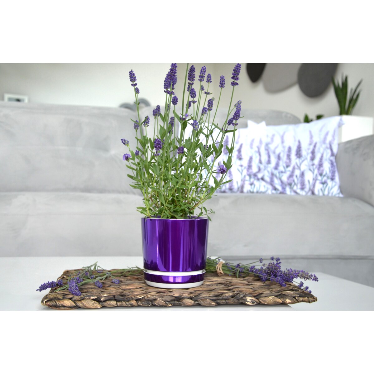 14 cm wzór FIOLETOWA LAWENDA Doniczka z podstawką wysoki połysk metaliczna wrzosy krokusy storczyk orchidea