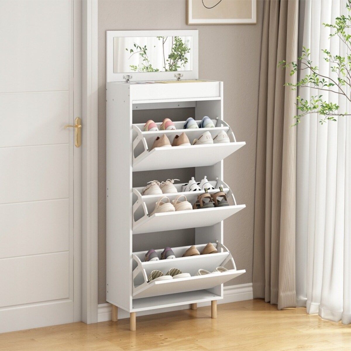 Szafka Na Buty Biała Schowek Z Lustrem Loft Stojący Regał Przedpokój 55cm