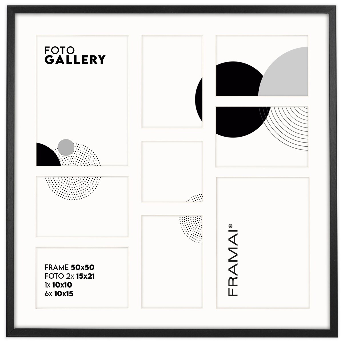 Ramka na zdjęcia 1x 10x10 6x 10x15 2x 15x21 czarna galeria na 9 zdjęć multirama 50x50 FRAMAI