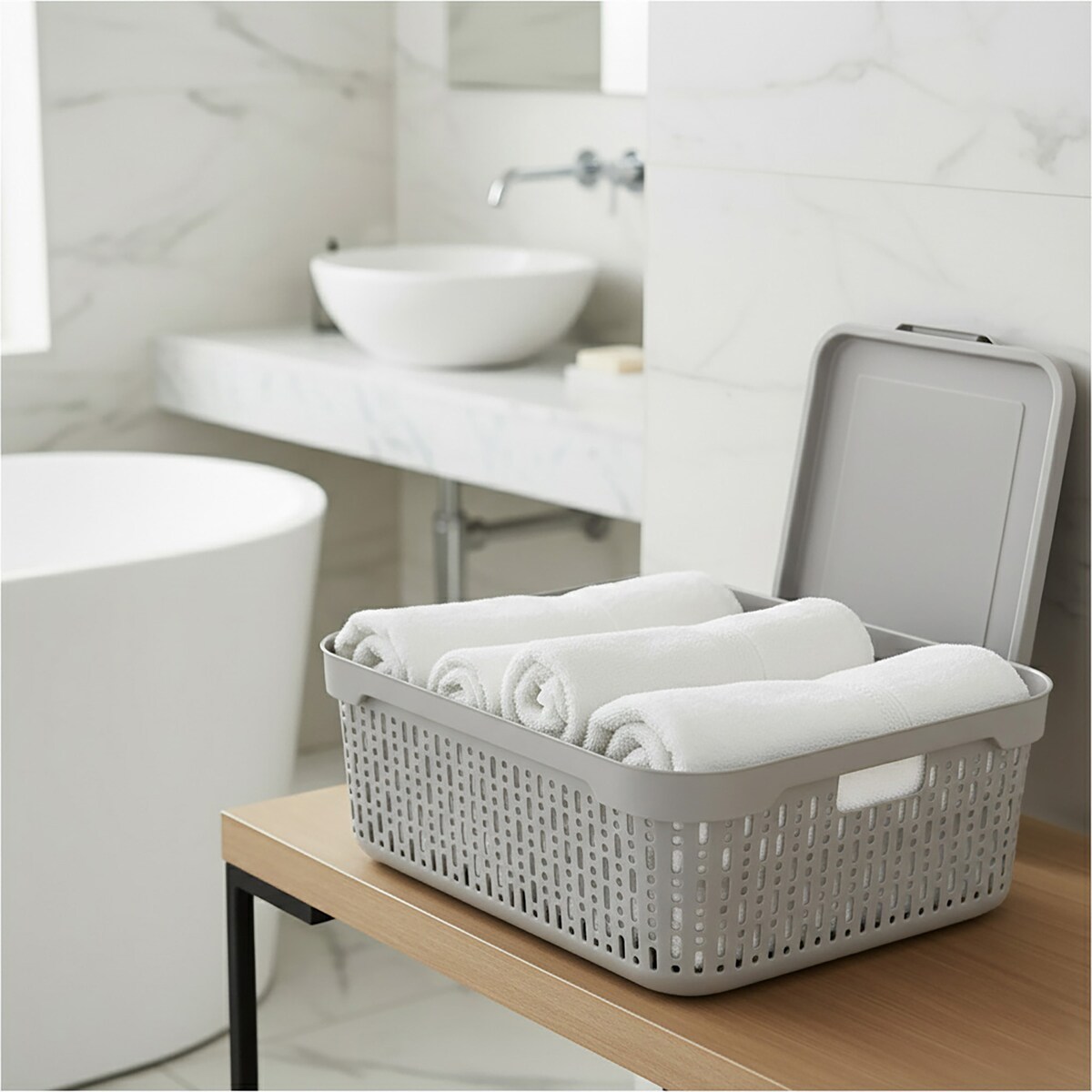 5X Koszyk Koszyczek Ażurowy Plastikowy Na Kosmetyki Do Łazienki Pojemnik Z Pokrywką Zamykany Z Dziurkami Jasnoszary Zestaw