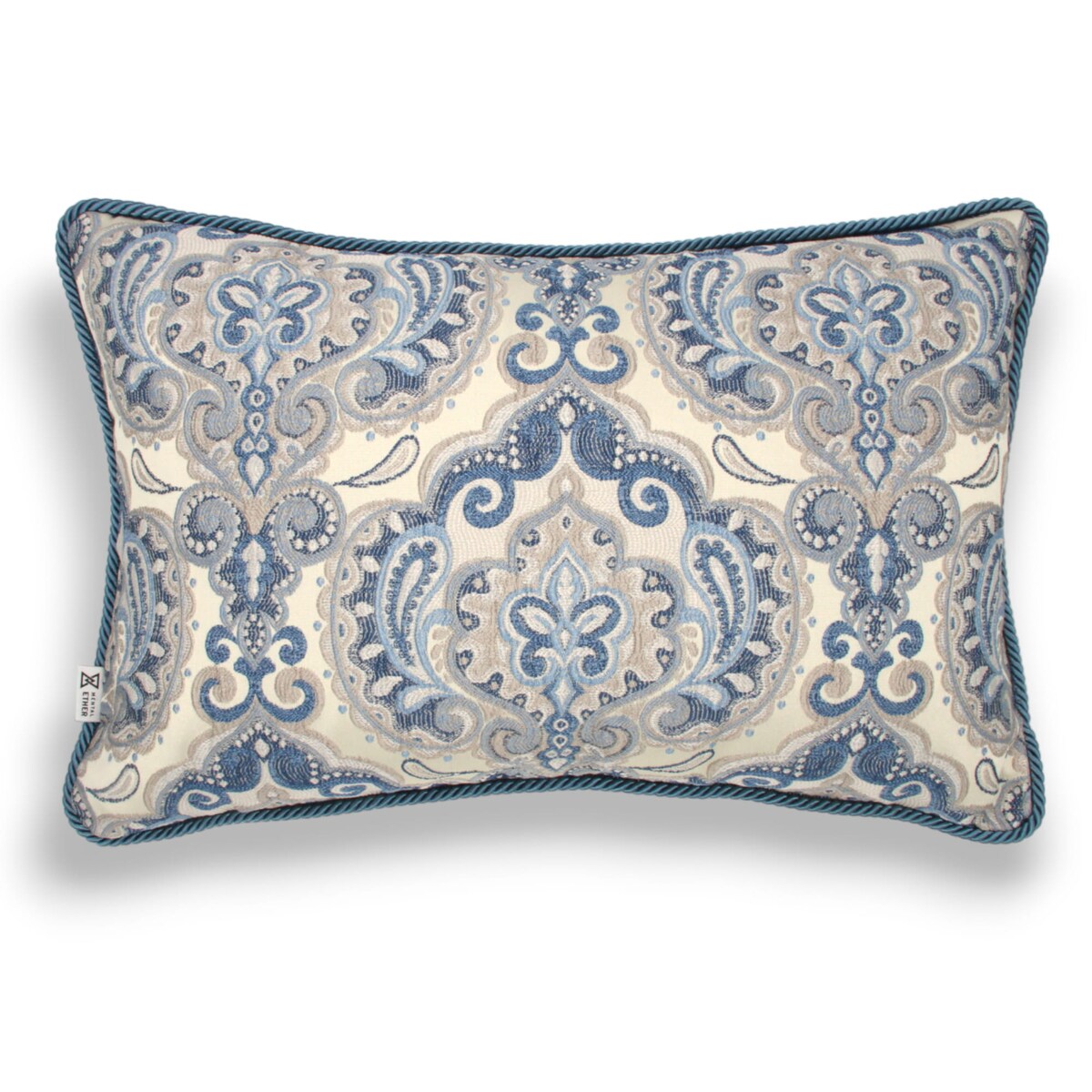 Kremowa - niebieska poduszka dekoracyjna w ornamenty 60x40 Rani