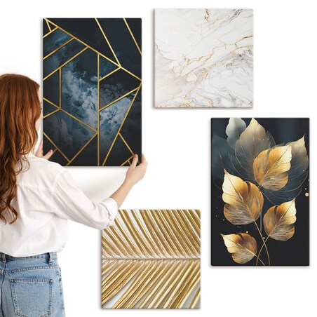 Zestaw 4 obrazów na płótnie - Nowoczesne wzory roślinne - granatowy