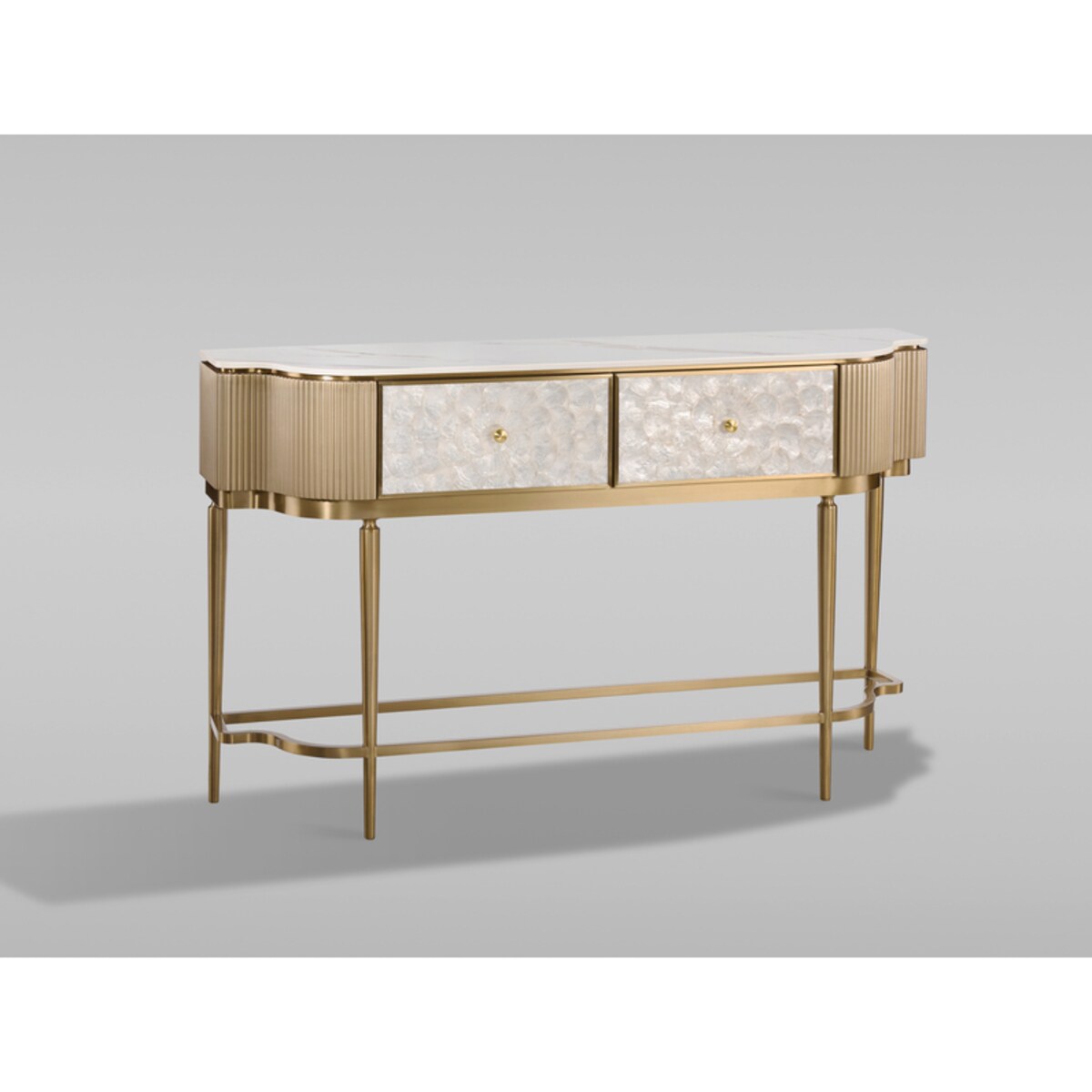 Złota konsola glamour Champion z prawdziwymi muszlami 140x35x86