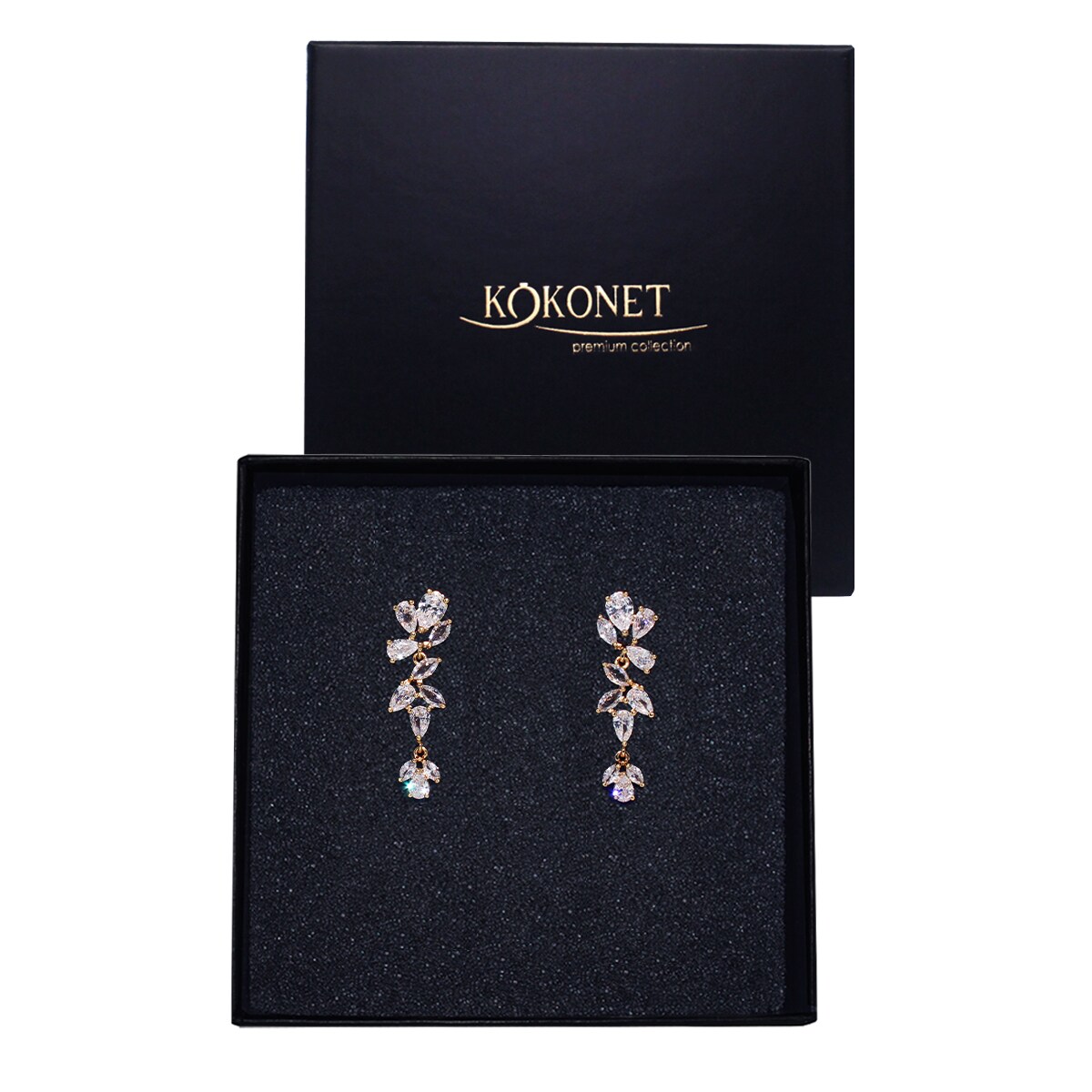 Kolczyki złote delikatne listki z cyrkoniami ślubne PREZENT pozłacane boho