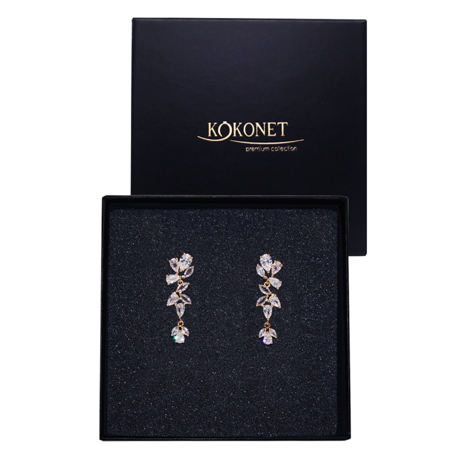 Kolczyki złote delikatne listki z cyrkoniami ślubne PREZENT pozłacane boho