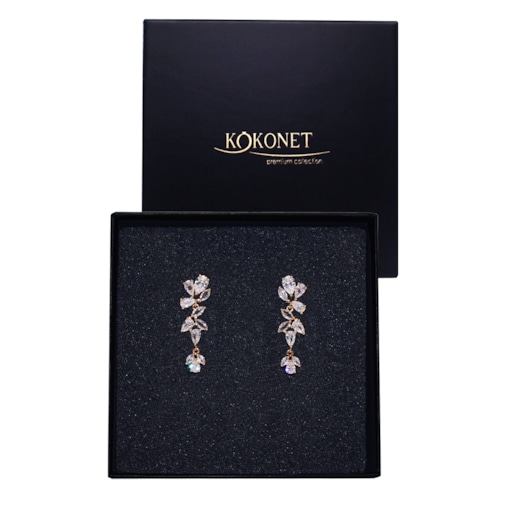 Kolczyki złote delikatne listki z cyrkoniami ślubne PREZENT pozłacane boho