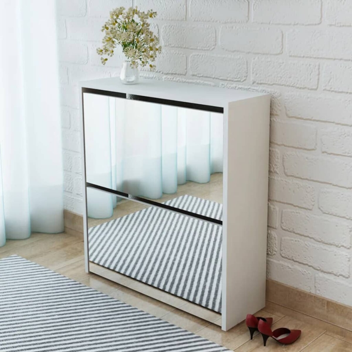 vidaXL Szafka na buty z 2 półkami i lustrem, biała, 63x17x67 cm