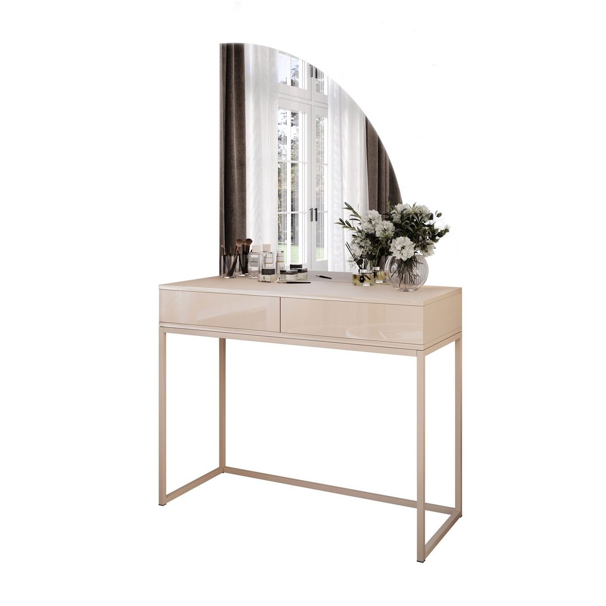 Toaletka kosmetyczna QUINNIE KASZMIR z lustrem LED złoty chrom, prawa, push-to-open