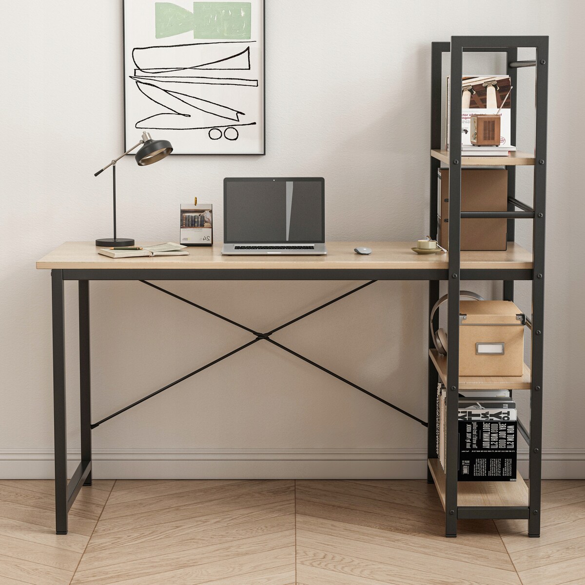Biurko Komputerowe Z Regałem Półkami Nowoczesne Metalowe Loft Jasny Brąz