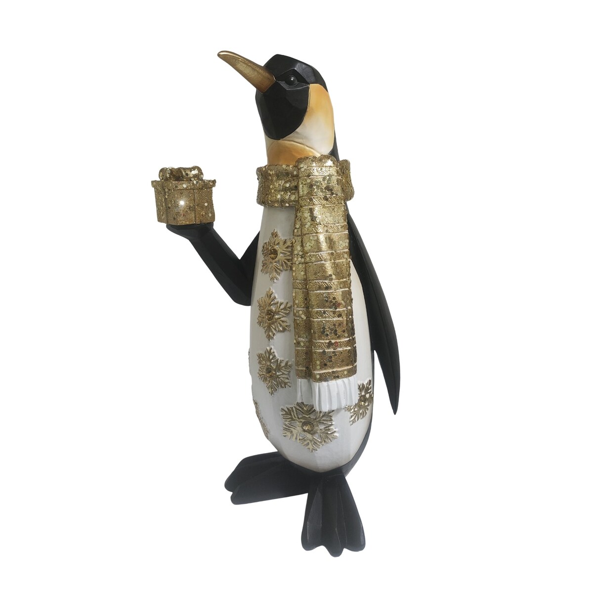 Dekoracja - figurka PINGWIN z prezentem 34x16x15 cm w złotym szaliku