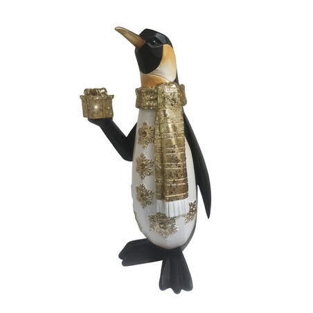 Dekoracja - figurka PINGWIN z prezentem 34x16x15 cm w złotym szaliku