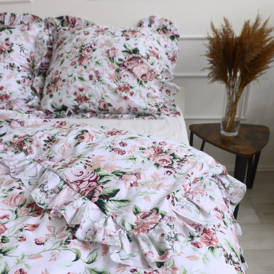 Poszewka Pościel Na Kołdrę Z Ozdobną Falbanką Retro Kwiaty 160X200 Cm