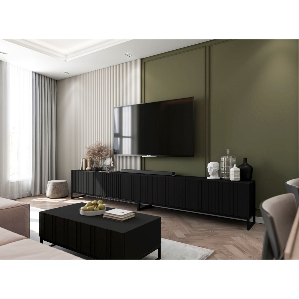 Komoda RTV Loft Nowoczesna Szafka RTV Czarny Mat Glamour Ryflowane Fronty 300 cm