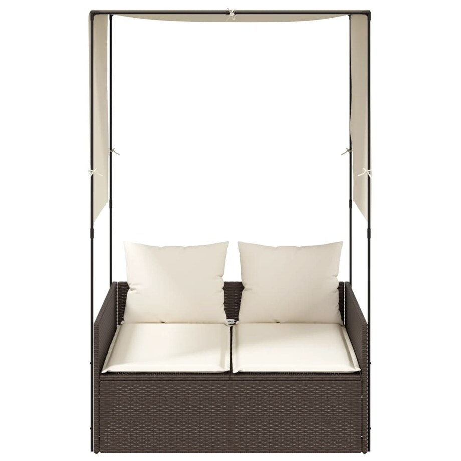 vidaXL Podwójna leżanka z daszkiem i zasłonami, brązowy polirattan