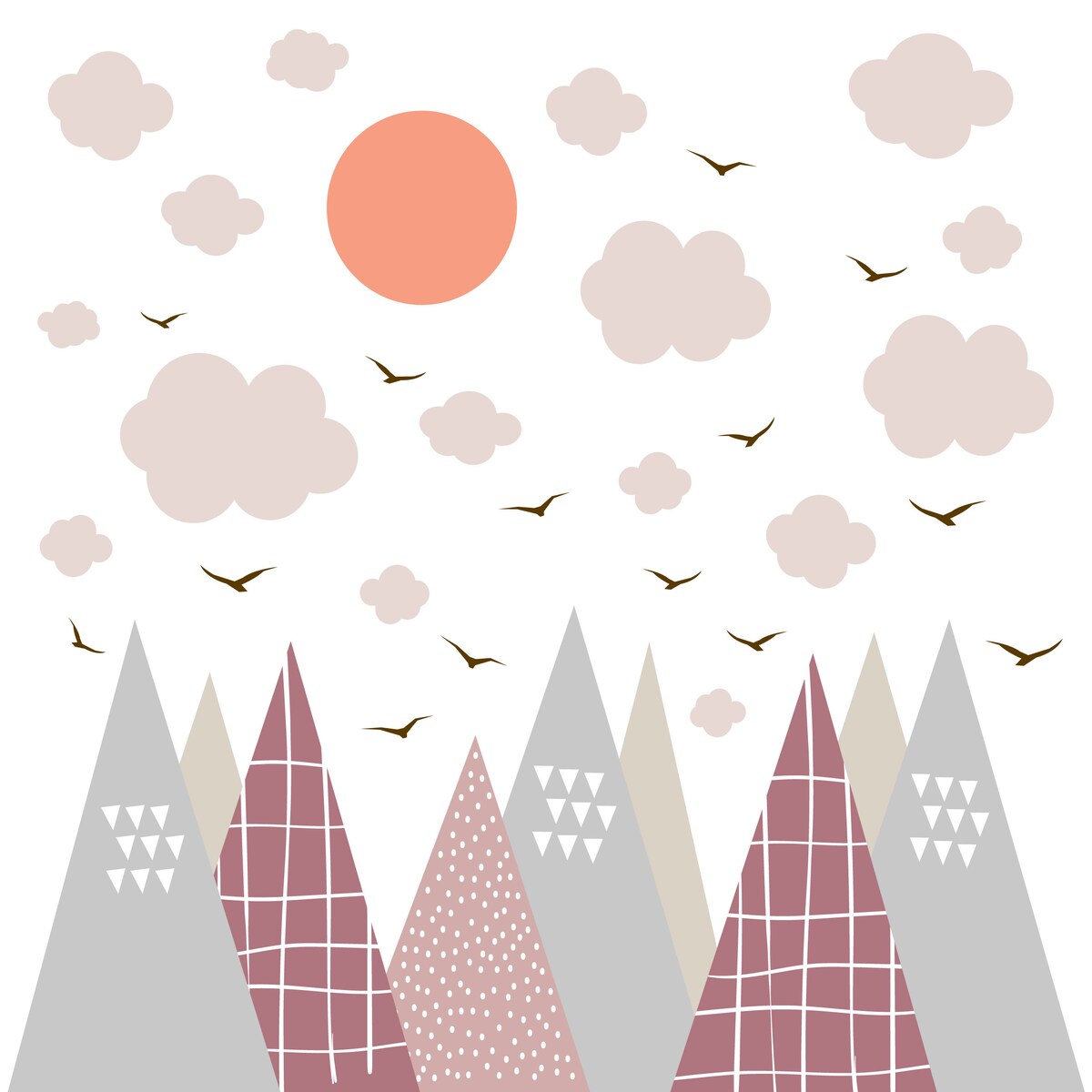 NAKLEJKI ŚCIENNE DLA DZECI RÓŻOWE GÓRY STYL SKANDYNAWSKI CHMURY ZESTAW