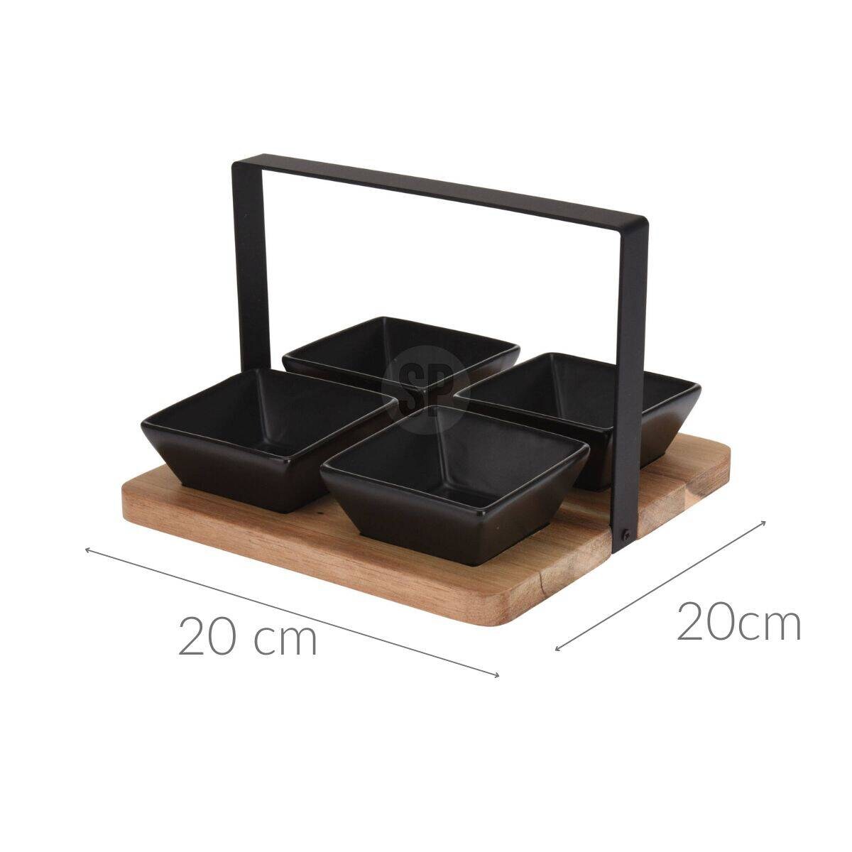 Zestaw miseczek na przekąski na drewnianej tacy, 4 naczynia
