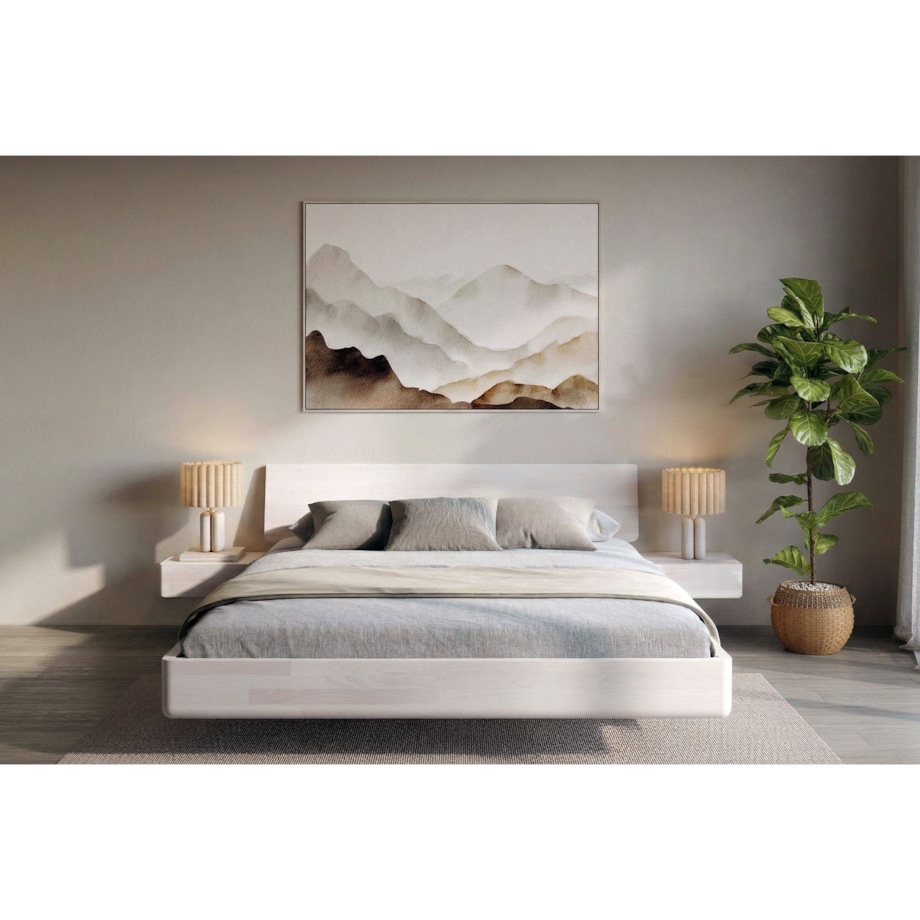 Łóżko lewitujące drewniane bukowe Visby LENA z szafkami / 200x200 cm, kolor biały