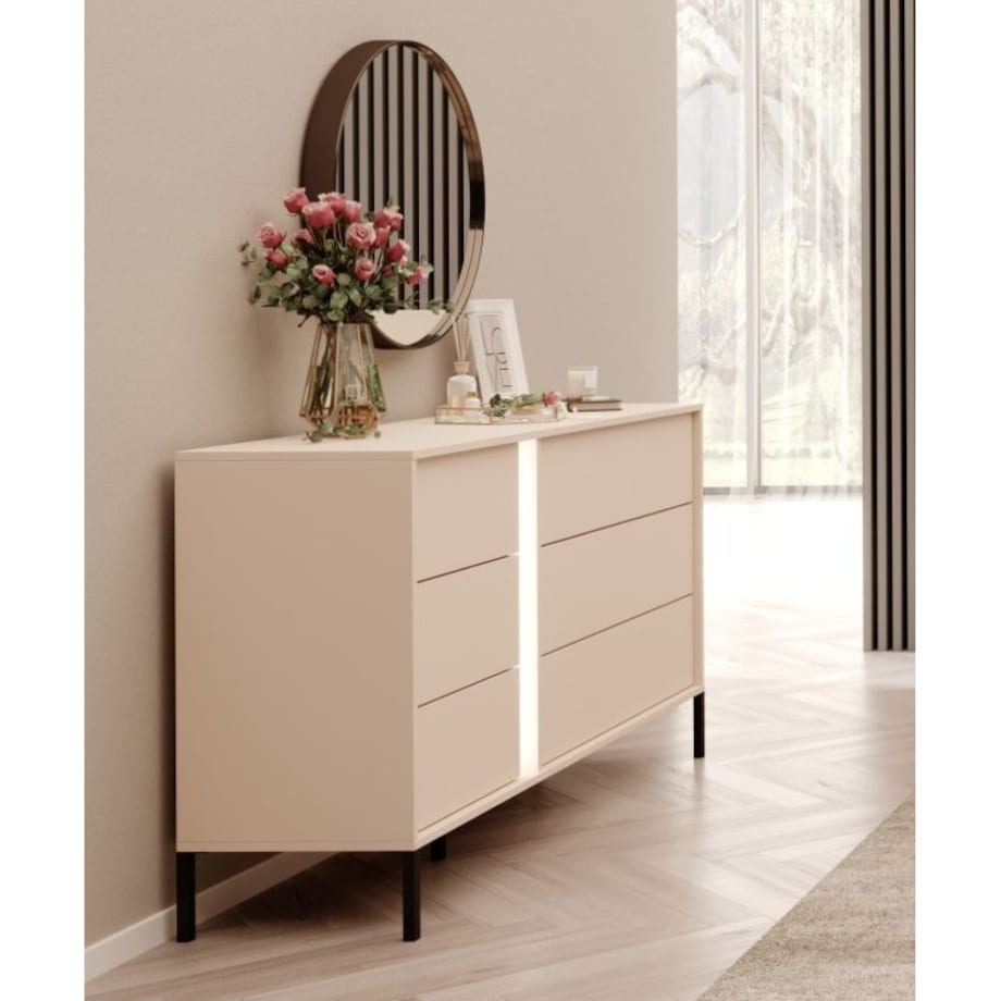 Komoda 6S DASTIN na wysokich nóżkach z oświetleniem LED beżowa