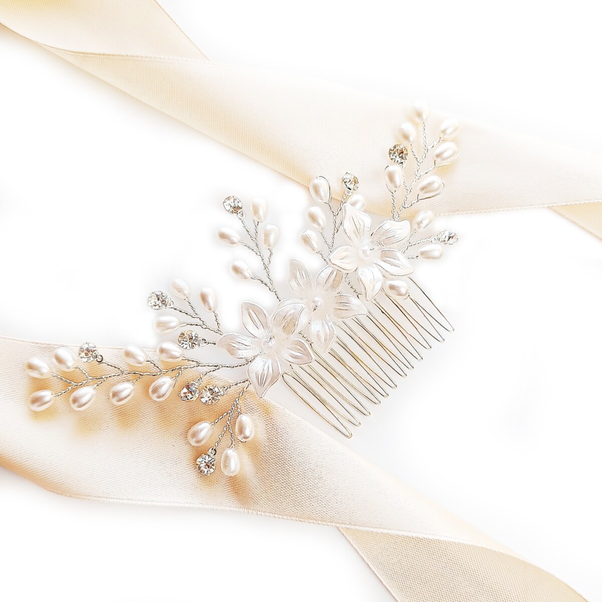 Grzebyk ślubny srebrny z kwiatami PERŁAMI cyrkoniami włosy