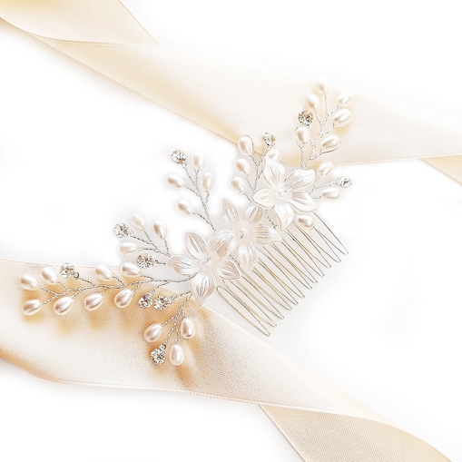 Grzebyk ślubny srebrny z kwiatami PERŁAMI cyrkoniami włosy