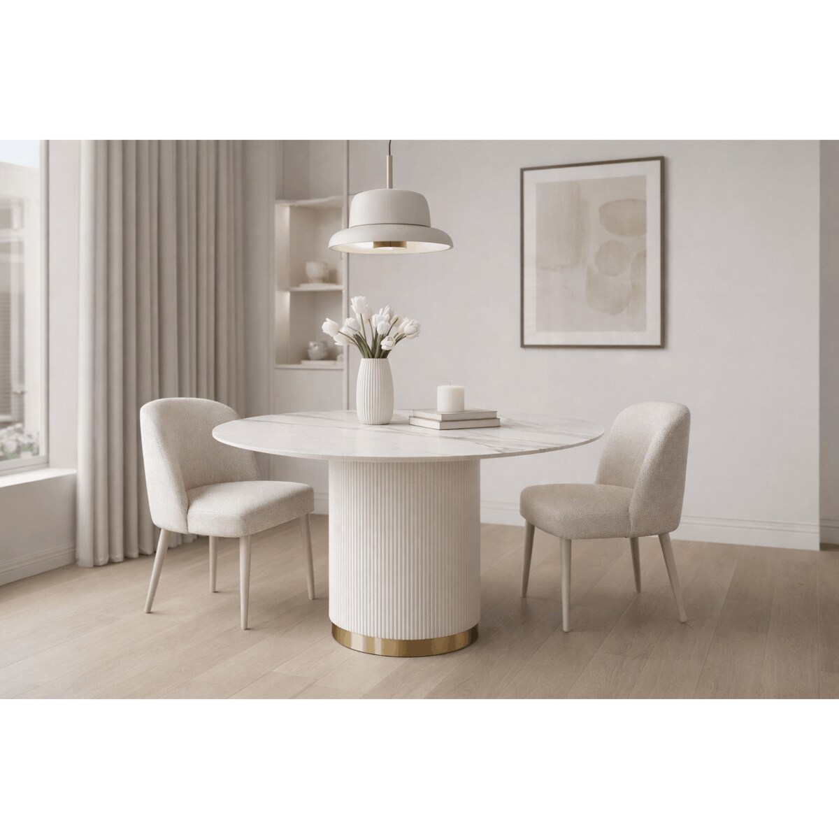 Okrągły stół glamour ryflowany Luna Ecru z marmurem 120x120x75