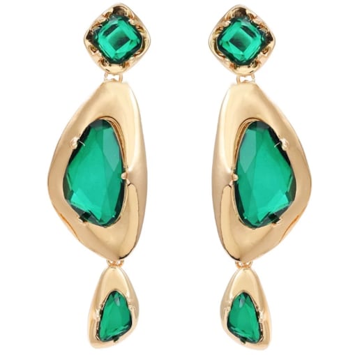 Duże złote dmuchane kolczyki zielone kamień VINTAGE retro elegancja krople